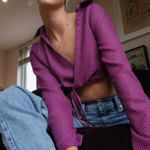 Zara Purple Black Houndstooth Cropped Crop Top Shirt Womans sz Large